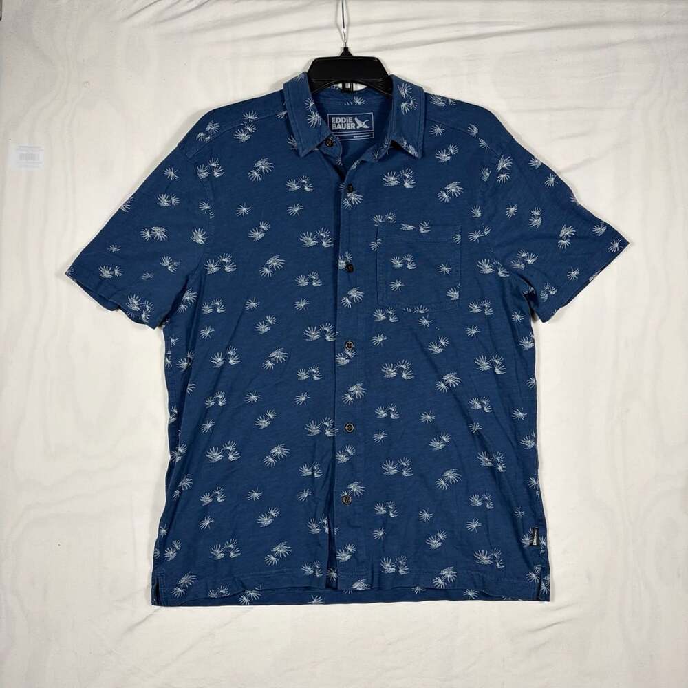 Eddie Bauer Short Sleeve Button Up Shirt Size L Blue Print